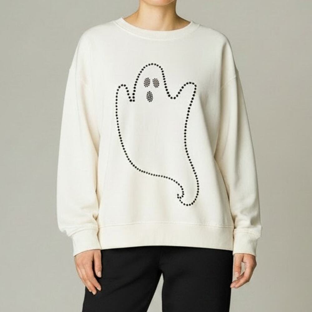 Jane Delancey Cream Rhinestone Ghost Long Sleeve Top Women's Size L NWOT